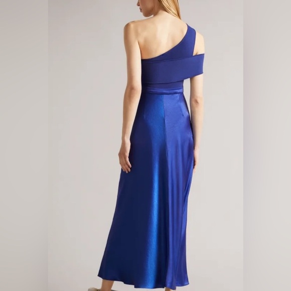 TED BAKER Ivena Asymmetric Knit Bodice Royal Blue Satin Skirt Dress - Picture 3 of 13
